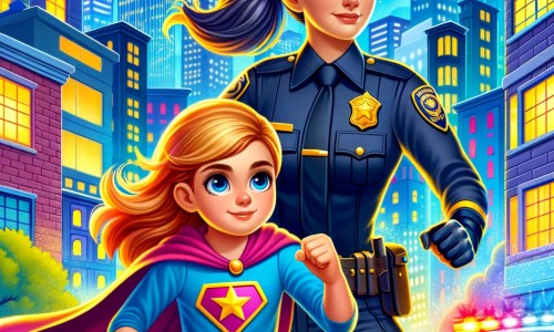 Une illustration destinée aux enfants représentant une jeune femme dotée de super-pouvoirs, luttant contre le crime aux côtés d'une courageuse policière, dans la vibrante et lumineuse ville de Lumina City.