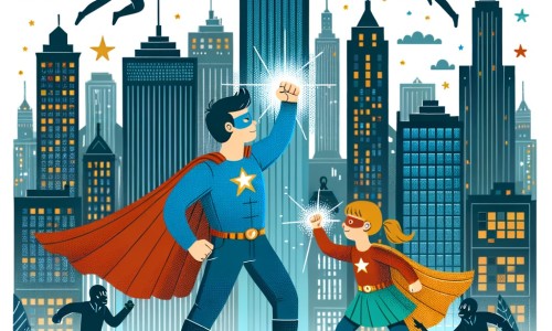Une illustration destinée aux enfants représentant un homme courageux aux pouvoirs extraordinaires, combattant aux côtés d'une super-héroïne, contre des méchants dans une ville animée remplie de gratte-ciel étincelants.