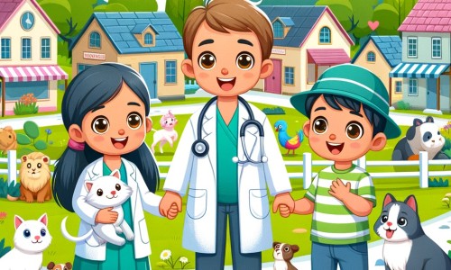 Une illustration destinée aux enfants représentant un vétérinaire joyeux et bienveillant, accompagné de deux enfants curieux, dans une petite ville paisible entourée de maisons colorées, avec un parc verdoyant où se déroule une grande fête des animaux.