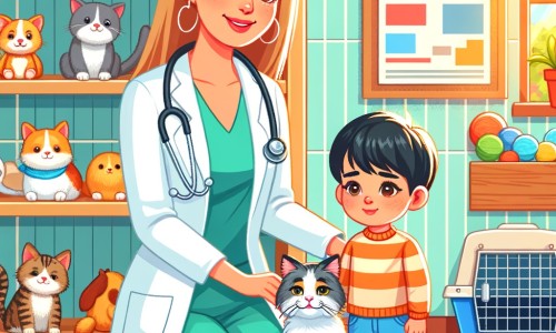 Une illustration destinée aux enfants représentant une vétérinaire passionnée, accompagnée d'un petit garçon et de son chat malade, dans un cabinet vétérinaire coloré et chaleureux, rempli de jouets pour animaux et de posters éducatifs.