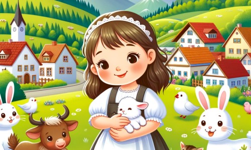 Une illustration destinée aux enfants représentant une jeune femme vêtue d'une blouse blanche, entourée d'animaux souriants, dans une petite ville paisible entourée de prairies verdoyantes et de collines fleuries.