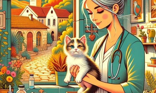 Une illustration destinée aux enfants représentant une jeune femme passionnée par les animaux, qui se retrouve à soigner un adorable chaton abandonné, dans le cadre chaleureux et coloré d'une clinique vétérinaire au cœur d'une petite ville verdoyante.