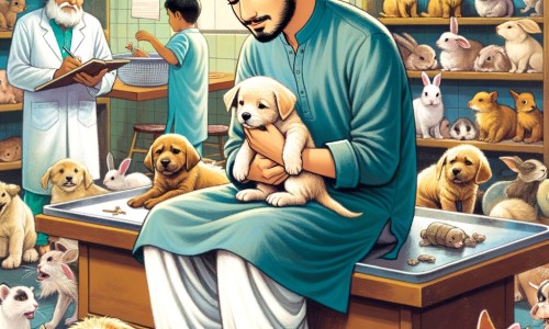 Une illustration pour enfants représentant un homme passionné par les animaux, se retrouvant dans une clinique vétérinaire remplie d'animaux en détresse.