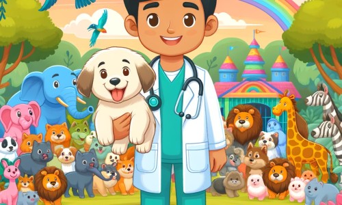 Une illustration destinée aux enfants représentant un jeune vétérinaire passionné, accompagné d'un adorable chiot, dans un zoo coloré rempli d'animaux joyeux et exotiques.