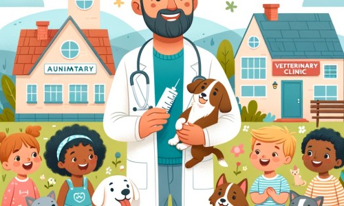 Une illustration destinée aux enfants représentant un homme bienveillant et passionné par les animaux, vivant dans une petite ville paisible, où il ouvre une clinique vétérinaire accueillante, entouré de jeunes enfants curieux et d'animaux joyeux.