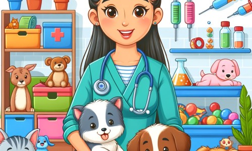 Une illustration destinée aux enfants représentant un vétérinaire bienveillant, entouré d'animaux souriants, dans une clinique colorée remplie de jouets, d'instruments médicaux et de plantes vertes.