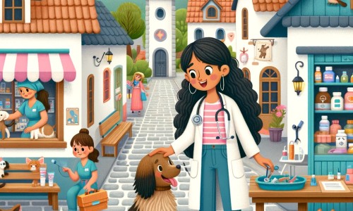 Une illustration pour enfants représentant une femme vétérinaire passionnée qui aide les animaux dans une petite ville pleine de charme.