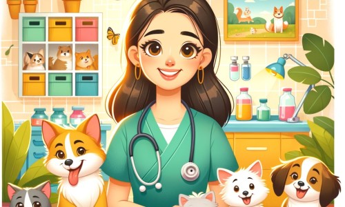 Une illustration destinée aux enfants représentant une jeune femme vétérinaire passionnée, entourée d'animaux souriants, dans une clinique colorée et chaleureuse remplie de plantes vertes et de jouets pour animaux.