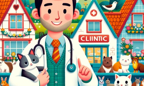 Une illustration destinée aux enfants représentant un homme bienveillant et attentionné, entouré d'animaux de toutes sortes, dans une clinique colorée et chaleureuse située au cœur d'un petit village fleuri.