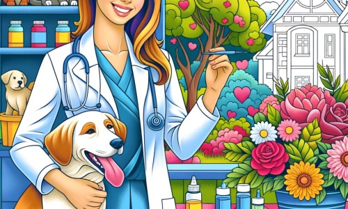 Une illustration destinée aux enfants représentant une femme vétérinaire passionnée, accompagnée de son adorable chien, travaillant avec amour et dévouement dans une clinique vétérinaire colorée, entourée d'animaux joyeux et d'un jardin fleuri.