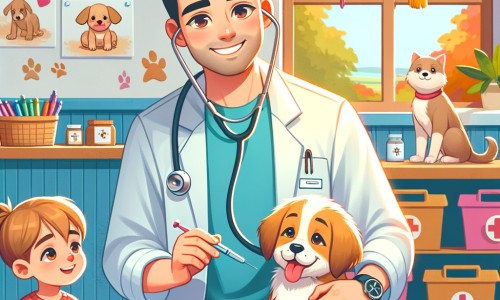 Une illustration pour enfants représentant un homme passionné par les animaux, se trouvant dans une clinique vétérinaire, prêt à aider les animaux malades et blessés.
