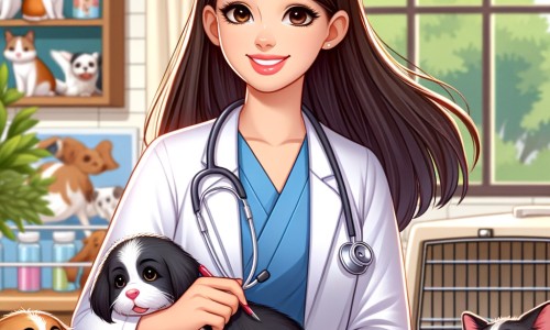Une illustration pour enfants représentant une femme vétérinaire passionnée s'occupant d'animaux dans sa clinique chaleureuse.