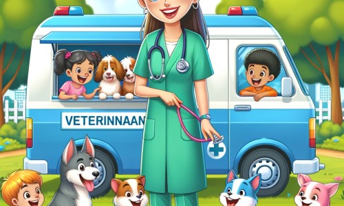 Une illustration pour enfants représentant une jeune femme vétérinaire passionnée par les animaux, qui parcourt la ville avec sa clinique mobile pour aider les animaux dans le besoin.