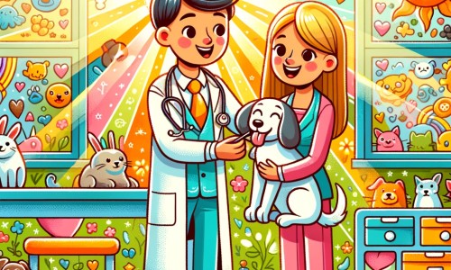 Une illustration pour enfants représentant un vétérinaire passionné prenant soin d'un chien malade dans sa clinique.