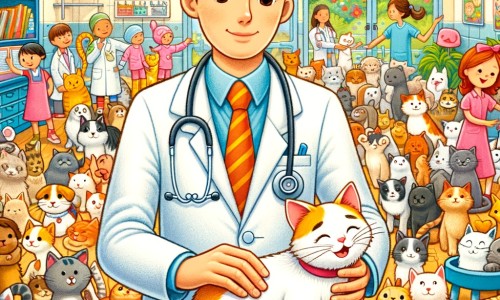 Une illustration destinée aux enfants représentant un vétérinaire bienveillant, vêtu d'une blouse blanche, s'occupant d'un adorable chat blessé, dans une clinique vétérinaire colorée remplie d'animaux joyeux et de propriétaires reconnaissants.