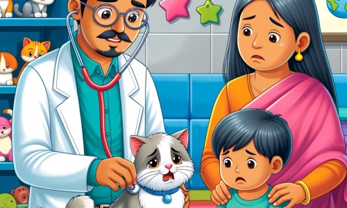 Une illustration destinée aux enfants représentant un homme vêtu d'une blouse blanche, tenant un stéthoscope, en train de consulter un chat triste avec une maman et son petit garçon, dans une clinique vétérinaire colorée et remplie de jouets pour animaux.