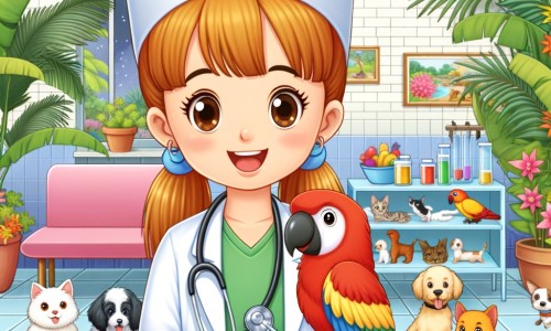 Une illustration destinée aux enfants représentant une jeune femme vétérinaire passionnée, accompagnée d'un adorable perroquet, dans une clinique vétérinaire colorée et animée, remplie de chiens, de chats et d'animaux exotiques.