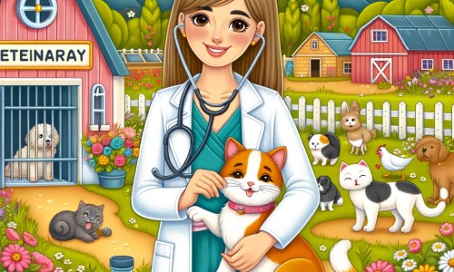 Une illustration destinée aux enfants représentant une femme vétérinaire passionnée s'occupant d'animaux malades avec l'aide de son adorable chat dans une charmante clinique vétérinaire entourée d'un jardin fleuri et d'une ferme animée.