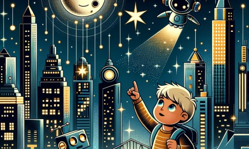 Une illustration destinée aux enfants représentant un petit garçon fasciné par les étoiles, qui part à l'aventure avec son ami robot à travers une ville futuriste remplie de gratte-ciels scintillants et d'hoverboards volants pour retrouver la Lune égarée.