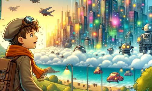 Une illustration pour enfants représentant un petit garçon curieux, explorant une ville futuriste remplie de robots et d'inventions extraordinaires.