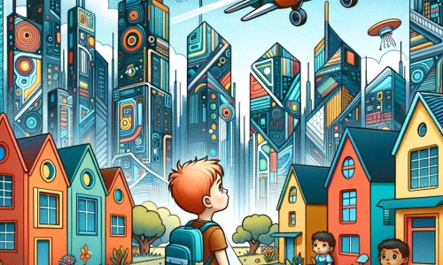 Une illustration pour enfants représentant un petit garçon émerveillé par la ville futuriste remplie de bâtiments hauts et brillants où il vit.