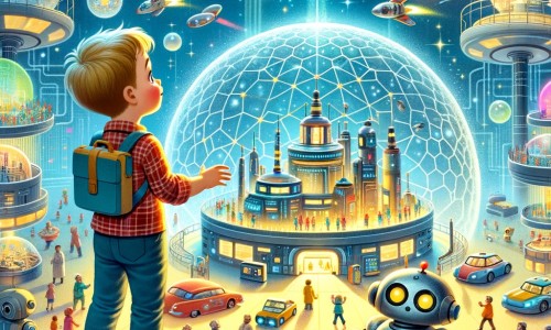 Une illustration pour enfants représentant un petit garçon émerveillé par une ville futuriste remplie de bâtiments impressionnants, se promenant avec sa maman et découvrant le Dôme d'Exploration.