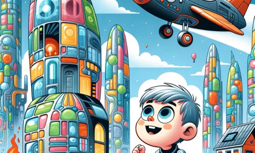 Une illustration pour enfants représentant un petit garçon fasciné par les voitures volantes dans une ville futuriste éblouissante.