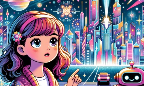 Une illustration pour enfants représentant une petite fille pleine de curiosité, vivant dans une ville futuriste éblouissante, où elle découvre un robot abandonné et décide de le réparer pour vivre des aventures incroyables ensemble.