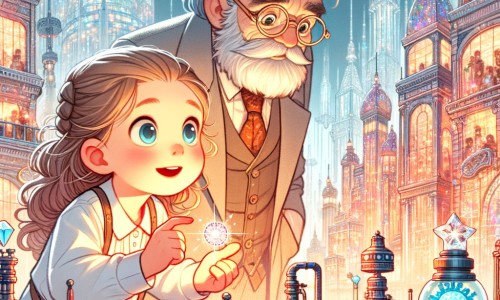 Une illustration pour enfants représentant une petite fille curieuse explorant une ville futuriste étincelante de cristal.