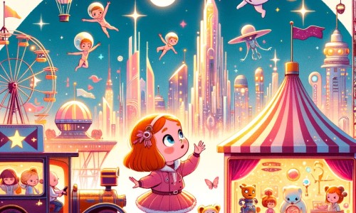 Une illustration destinée aux enfants représentant une petite fille curieuse et pleine d'énergie, découvrant un cirque extraordinaire avec des acrobates, des extraterrestres et des bâtiments futuristes scintillants, dans la ville d'Eclat.