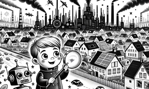 Une illustration pour enfants représentant un jeune aventurier découvrant une ville futuriste pleine de merveilles.