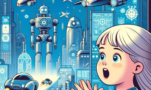 Une illustration destinée aux enfants représentant une petite fille émerveillée par les voitures volantes et les robots dans une ville futuriste remplie de bâtiments gigantesques et d'écrans géants.
