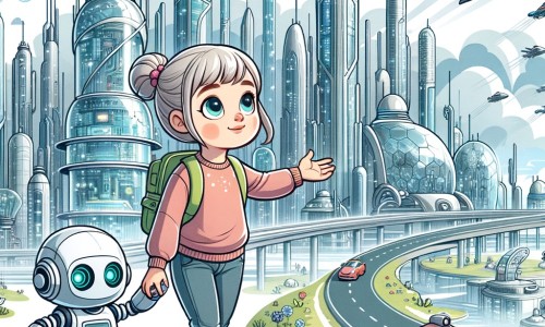 Une illustration destinée aux enfants représentant une petite fille curieuse et aventureuse, accompagnée de son fidèle robot, explorant une ville futuriste remplie de bâtiments en verre, de voitures volantes et de robots serviables, dans la magnifique ville de Cristalia.