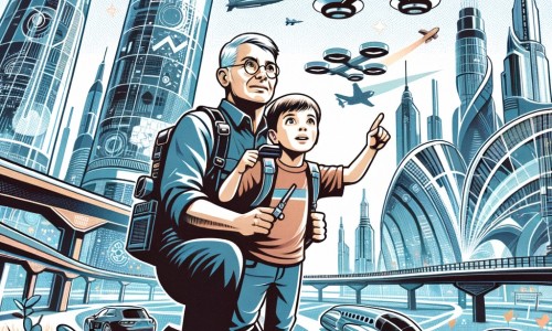 Une illustration destinée aux enfants représentant un petit garçon intrépide découvrant une ville futuriste remplie de voitures volantes, de bâtiments en verre et en acier qui touchent le ciel, et accompagné de son père inventeur qui lui a construit un drone de reconnaissance.