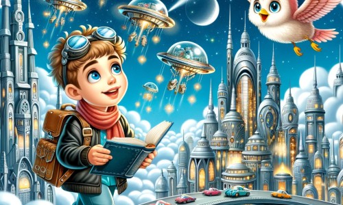 Une illustration pour enfants représentant un jeune garçon aux yeux brillants, naviguant dans une ville futuriste flottante remplie de merveilles technologiques.