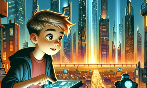 Une illustration pour enfants représentant un jeune garçon curieux et aventurier, se retrouvant plongé dans une série de défis technologiques dans une ville futuriste étincelante.