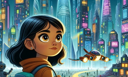 Une illustration pour enfants représentant une petite fille aventurière découvrant une ville futuriste remplie de merveilles technologiques.