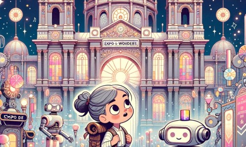 Une illustration destinée aux enfants représentant une petite fille curieuse et aventurière se promenant dans une ville futuriste étincelante, accompagnée d'un robot guide, à la découverte d'un bâtiment majestueux où se trouve une Expo des Merveilles, remplie de machines étonnantes et d'idées incroyables.