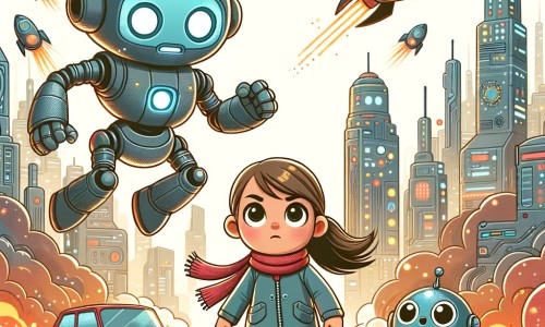 Une illustration destinée aux enfants représentant une petite fille intrépide, confrontée à un robot destructeur, accompagnée d'un adorable robot rond nommé Robby, dans une ville futuriste remplie de voitures volantes et de gratte-ciels scintillants.