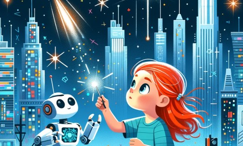 Une illustration pour enfants représentant une petite fille rousse qui rêve de devenir scientifique et qui participe à un concours de robotique dans une ville futuriste remplie de gratte-ciel brillants et de voitures volantes.