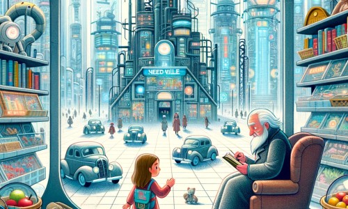 Une illustration pour enfants représentant une petite fille solitaire dans une ville futuriste, qui découvre un appareil de communication et apprend à se connecter avec les autres.
