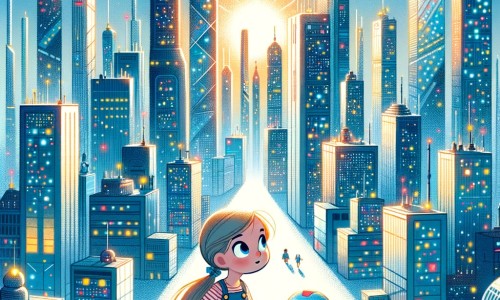 Une illustration destinée aux enfants représentant une petite fille perdue dans une ville futuriste remplie de gratte-ciel scintillants, où elle rencontre un adorable petit robot qui devient son compagnon d'aventure.