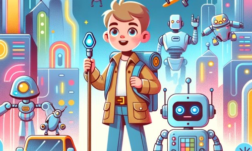 Une illustration destinée aux enfants représentant un petit garçon curieux et aventurier, accompagné d'un robot explorateur, découvrant une ville futuriste remplie de néons colorés, de voitures volantes et de robots aux formes variées dans la ville de Roboville.