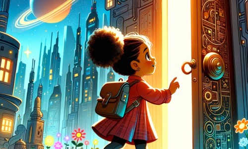 Une illustration pour enfants représentant une petite fille intrépide qui découvre une porte secrète dans une ville futuriste et explore un monde merveilleux caché derrière.