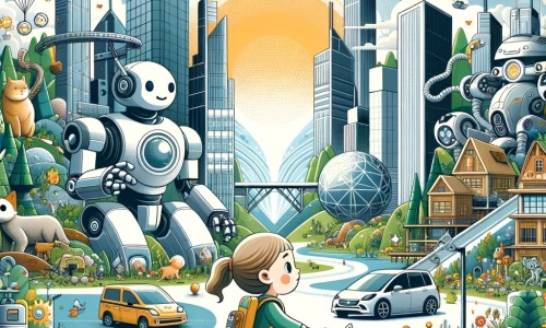 Une illustration destinée aux enfants représentant une petite fille curieuse explorant une ville futuriste remplie de tours gigantesques, de voitures volantes et de robots, accompagnée de son chat robotique, dans le but de découvrir un monde ancien rempli de nature, d'animaux et de beauté.