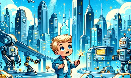 Une illustration destinée aux enfants représentant un petit garçon curieux et aventurier, qui découvre une ville futuriste remplie de voitures volantes, de robots et de bâtiments étincelants, avec en toile de fond un ciel bleu éclatant et des gratte-ciels scintillants.