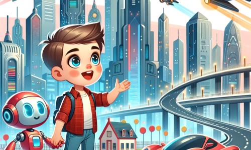 Une illustration destinée aux enfants représentant un petit garçon curieux, émerveillé par les voitures volantes et les robots futuristes, faisant équipe avec un adorable robot rouge, explorant les rues étincelantes et les imposants gratte-ciel de la ville futuriste de Néo-Ville.