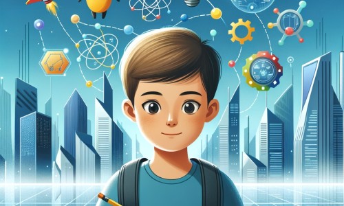 Une illustration pour enfants représentant un petit garçon inventif se préparant pour une compétition technologique dans une cité futuriste scintillante.
