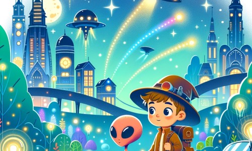 Une illustration destinée aux enfants représentant un jeune aventurier curieux, accompagné d'un adorable extraterrestre, explorant une ville futuriste avec des bâtiments scintillants et des voitures volantes dans un parc rempli d'arbres lumineux.