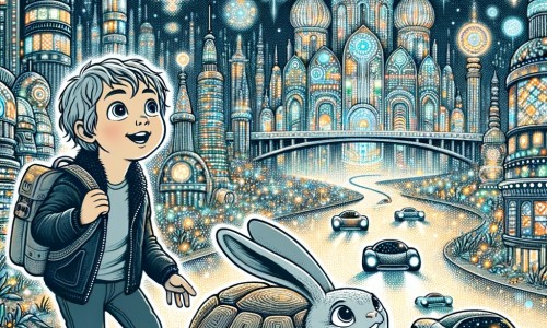 Une illustration pour enfants représentant un petit garçon émerveillé par les incroyables inventions d'une ville futuriste où les rues brillent la nuit et les voitures volent dans le ciel.